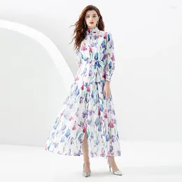 Casual Dresses 2024 Fashion Holiday Flower Robe Loose Dress Women's Stand Long Sleeve Single Breasted Lace Up Floral Print Chiffon Vestidos