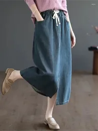 Skirts Retro Women Drawstring Slim-type Split The Fork Denim Skirt 2023 Summer Autumn Casual Simple