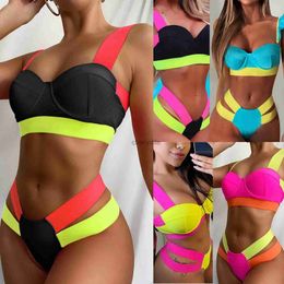 Women's Swimwear 2022 Summer Women Neon Color Push Up Bikini Set Bandage Patchwork Swimwear Two Pieces Cut Out Swimming Suits Female Beachwear XL YQ231218