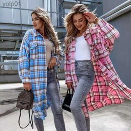 Women's Blouses Shirts 2023 Button Cardigan Loose Long Sled European and American Style Fashionable New Extended Plaid Shirt Women's CoatL231214