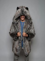 Men's Fur Faux Fur Winter Faux Fox Fur Coat Winter Men Thick Hooded Ears Pockets Fluffy Long Sleeve Warm Outerwear Luxury Fur Jacket Bontjas Mens 231213