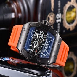 2023 men's high quality diamond quartz watch hollow glass back stainless steel case watch black rubber246q