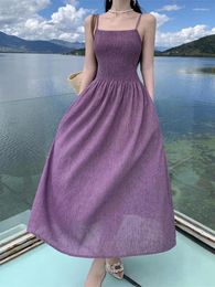 Casual Dresses Women's Purple Elegant Holiday Backless Slip Summer Sleeveless Pleated Long Sundress Chic Party Dress Korean Vintage