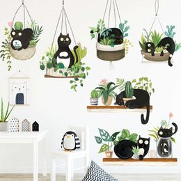 7pcs Black Cats Hanging Basket Green Plants Leaves Wall Stickers for Living Room Bedroom Decorative wall Decals Murals Wallpaper