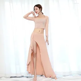 Work Dresses #9853 Pink Skirt And Top Set Women Full Sleeve Tshirts Sexy Long Skirts Ladies Split Belly Dance Clothes Woman Performance Suit