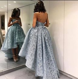 Lace High Low Prom Dresses Sweetheart hand made flowers Galajurken Women applique Formal Evening Gowns zipper Long Party Dress