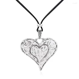 Pendant Necklaces 1pcs Tibetan Silver Large Hammered Love Heart Charms Long Lead Cord Lagenlook Necklace Jewelry Gift For Woman