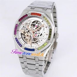 K8F 41mm Skeleton Tourbillon White Dial Automatic Mens Watch Frost Gold Case Matte Frosted Steel Bracelet Rainbow Diamond Watches 263v