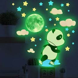 Cartoon Skating Panda Luminous Moon Stars Wall Stickers for Kids Room Boy Room Glow Green Light Wall Decals for Bedroom Decor