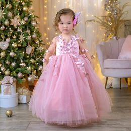 Elegant Long Pink Flower Girl Dresses Jewel Neck Tulle Full Sleeves Lace Appliques with Bow Ball Gown Floor Length Custom Made for Wedding Party