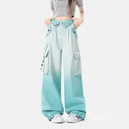 Women's Jeans Fashion Lake Blue Woman Women Vintage Y2k Girl Lapel Design Straight Wide-Leg Denim Pants Sweet Pink Ladies Trousers