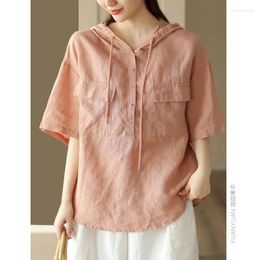 Women's Blouses Linen Shirts For Women Vintage Half Sleeve Hooded Embroidery Loose Casual Korean Style Lace-up Retro Blouse Tops