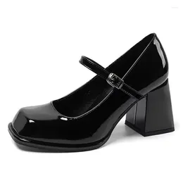 Dress Shoes 2023 Summer Mary Janes Vintage Black Sandals Woman Buckle Non-Slip Casual Medium Heels Office Ladies Solid Elegant Korean