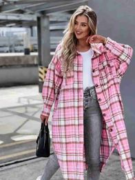 Women's Blouses Shirts Autumn Winter Warm Thick Plaid Shirt Coat Woman Street Fashion Lapel Loose Long Jacket Pink Blue Loose Shirts Womens Tops Mujer YQ231214