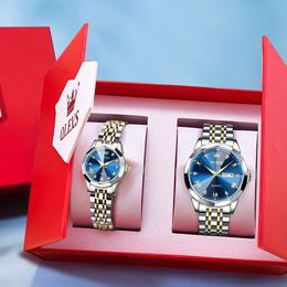 Wristwatches OLEVS 9931 Couple Watch Set Rhombus Design Solid Stainless Steel Men and Women Watch Quartz Watch for Couple Red Heart Gift Box 231213