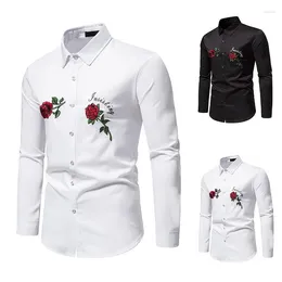 Men's Dress Shirts 2023 High Quality Formal Long Sleeve Shirt Mens Embroidery Rose Slim Fit Wedding Prom Cotton