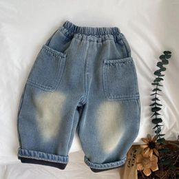 Trousers 2023 Winter Baby Plus Velvet Thick Denim Infant Girls Casual Pants Toddler Boys Vintage Jeans Kids Warm Clothes