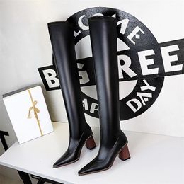 Boots BIGTREE Shoes Sexy Over-the-knee Boots Women Shoes Pointed Toe Leather Boots Wood Grain Thick Heel Long Boots High-Heeled Boots 231213