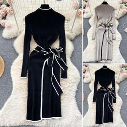 Casual Dresses Ins Turtleneck Sexy Wrap Hips Knitted Women 2023 Autumn Winter Long Sleeve Bodycon Sweater Dress With Belt