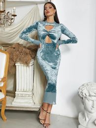 Casual Dresses Sexy Light Blue Long Sleeve Velvet Maxi For Women Elegant Fashion Mesh Patchwork Cut Out Bodycon Celebrity Party Dress