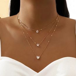 Pendant Necklaces Crystal Zircon Heart Star Charm Layered Necklace Set for Women Charms Fashion Square Female Vintage Jewelry 231213