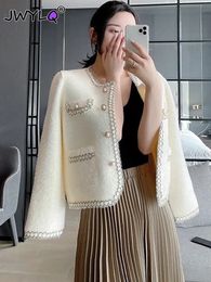 Womens Jackets Elegant Oneck Pearl Buttons Mink Fleece Cardigan Tops Korean Fashion Hit Colour Thick Short Coats Allmatch Women Clothing 231214