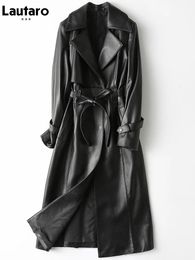 Women's Trench Coats Lautaro Autumn Long Black Pu Leather Trench Coat for Women Long Sleeve Belt Elegant British Style Fashion 4xl 5xl 6xl 7xl 231213