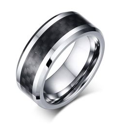 8mm Tungsten Steel Wedding Band Mens & Womens Tungsten Ring with Black Carbon Fiber Inlay Engraving250O