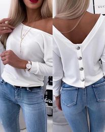 Women's T Shirts Female Clothing Casual Long Sleeve Backless Buttoned Top 2023 Round Neck Tee Plain Commuting Fashion T-Shirt