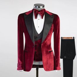 Men's Suits Elegant Burgundy Wedding For Men Fit Slim Black Satin Label Groom Tuxedos Custom Made 3 Pieces Formal Dinner Prom Dress
