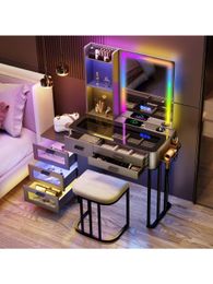 Kasibie RGB LED light dresser set, gorgeous glass top and hairdryer holder, usb and wireless charging, dresser has 6 drawers, open storage shelf
