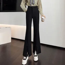 Women's Pants Women Trousers High Waist Slim Fit Straight Leg Suit Pockets Solid Colour Split Cuffs Flared Workwear