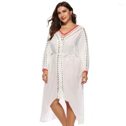 Women's Swimwear Pareo Swimsuit Long Cover Up Plus Size Sexy Women Lace Kaftan Bikini Loose Beachwear White Solid Cover-Up 2XL