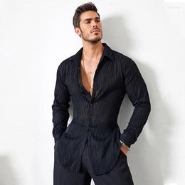 Stage Wear Male Latin Dance Clothes Long Sleeved Black Shirt Ballroom Competition Costume Salsa ChaCha Tops DNV16452