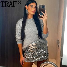 Ethnic Clothing TRAF 2024 Silver Mini Skirt High Waist Woman Sequins Fashion Glitter Short Skirts For Women Streetwear A Line Girls 231213