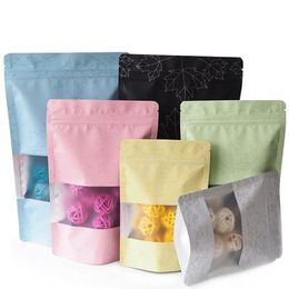 100pcs lot Food Bag Transparent Window Maple Leaf Aluminium Foil Bag Flat Bottom Metallic Mylar Black Zip Bag230y