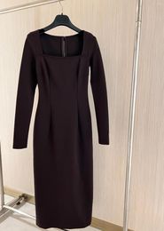 Casual Dresses 2023 Knitted Fabric Waistband Slimming Dress Coffee Colour Elastic Square Neck Sheath