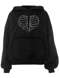 Women's Hoodies 2023 Vintage Harajuku Hooded Jacket Streetwear Y2K Rhinestone Skeleton Women Gothic Black Zip Up Sweatshirts Female