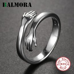 Wedding Rings BALMORA Real 925 Sterling Silver Hug Hands Stacking Ring For Women Fashion Statement Punk Ring Adjustable Hugging Ring Jewellery 231214