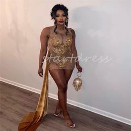 Goldern See Through Prom Dress For Black Girls illusion Beaded Crystal Short Evening Dress With Train Tulle Elegant Formal Birthday Dress 2024 Cocktail Graduation