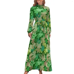 Casual Dresses Green Leaves Dress Leafy Forest Print Korean Fashion Bohemia Women Long Sleeve High Waist Party Maxi