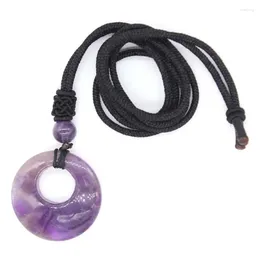 Pendant Necklaces Crystal Round Hollow Necklace Natural Amethyst Rose Quartz Lapis Lazuli Tiger Eye Stone Opal Black Rope Jewelry