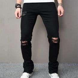 Men's Jeans Men Fashion Streetwear Holes Ripped Slim Hip Hop Male Solid Jogging Denim Flare Pants 231213