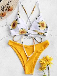 Womens Swimwear 2023 New Sunflower Print Dresses Women Bikini Set Swimsuit Sexy Plus Size Swimwear Beach Bandage Bikini Mujer YQ231214