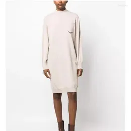 Casual Dresses Women Autumn And Winter Half Turtleneck Mid-length Cashmere Knitted Bead Chain Pocket Long-sleeved Sweater Dress