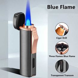 2023 3 Torches Straight Blue Flame No Gas Lighter Metal Windproof Outdoor Airbrush Cigar BBQ Kitchen Welding Tools