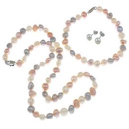 Hand made natural beautiful multicoloured 7-8mm baroque freshwater pearl necklace bracelet earrings jewellery set fashion jewelry278o
