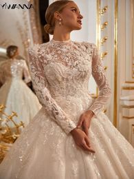 Urban Sexy Dresses Modest High Collar Long Sleeve Wedding Dress Sparkly Sequins Beads For Bride Luxury A line Bridal Gown Robe De Marie 231213
