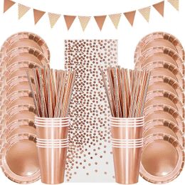 Disposable Dinnerware Rose Gold Party Disposable Tableware Set Paper Plate Cup Kids Adult Birthday Wedding Bachelorette Party Decoration Baby Shower 231213