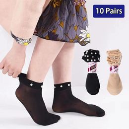 Women Socks 10 Pairs/20Pcs Transparent Summer Fashion Pearl Crystal Silk Breathable Thin Ankle Short Anti Hook